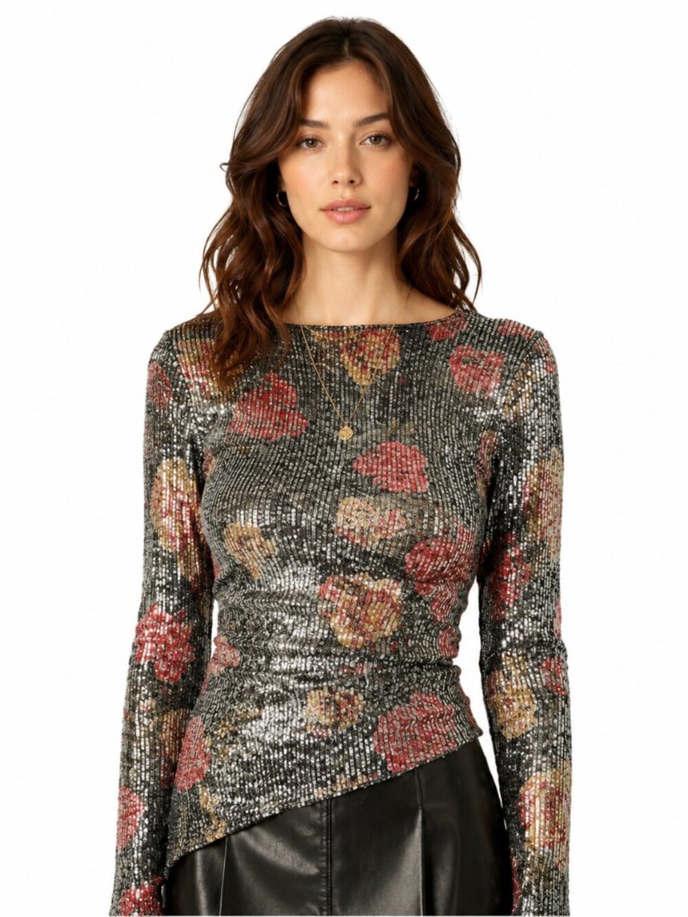 Intimately by Free People Sequin Floral Long Sleeve Top – Silver & Red Sparkle